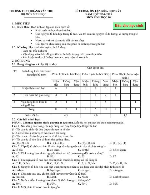 Đề cương ôn tập Giữa kì 1 Sinh học 10 năm 2024–2025 trường THPT Hoàng Văn Thụ (Hà Nội)